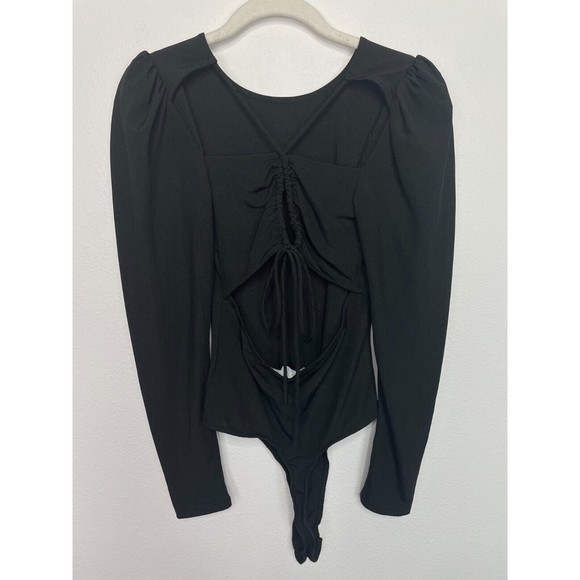 ASTR The Label Medium Rib Multi Back Cutout Bodysuit In Black Long Puff Sleeve - Picture 14 of 16
